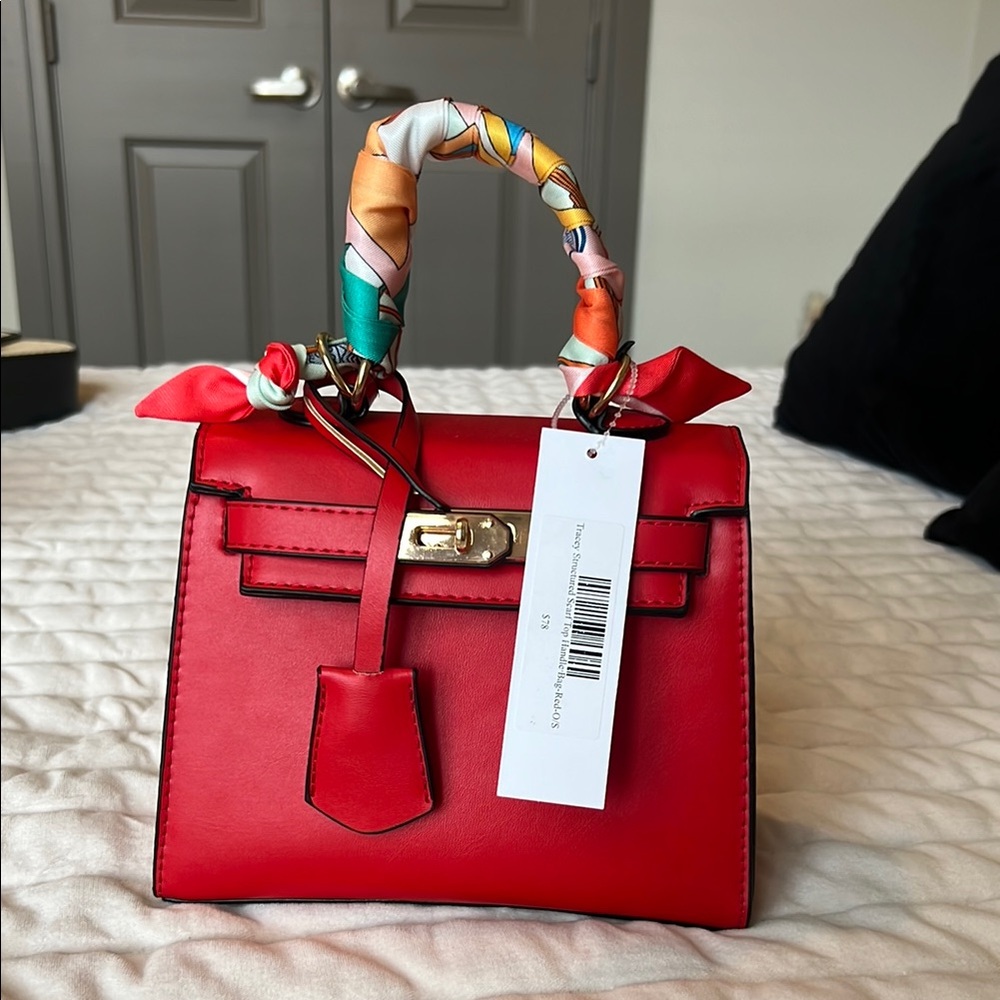 Elegant Red Handbag with Scarf Handle